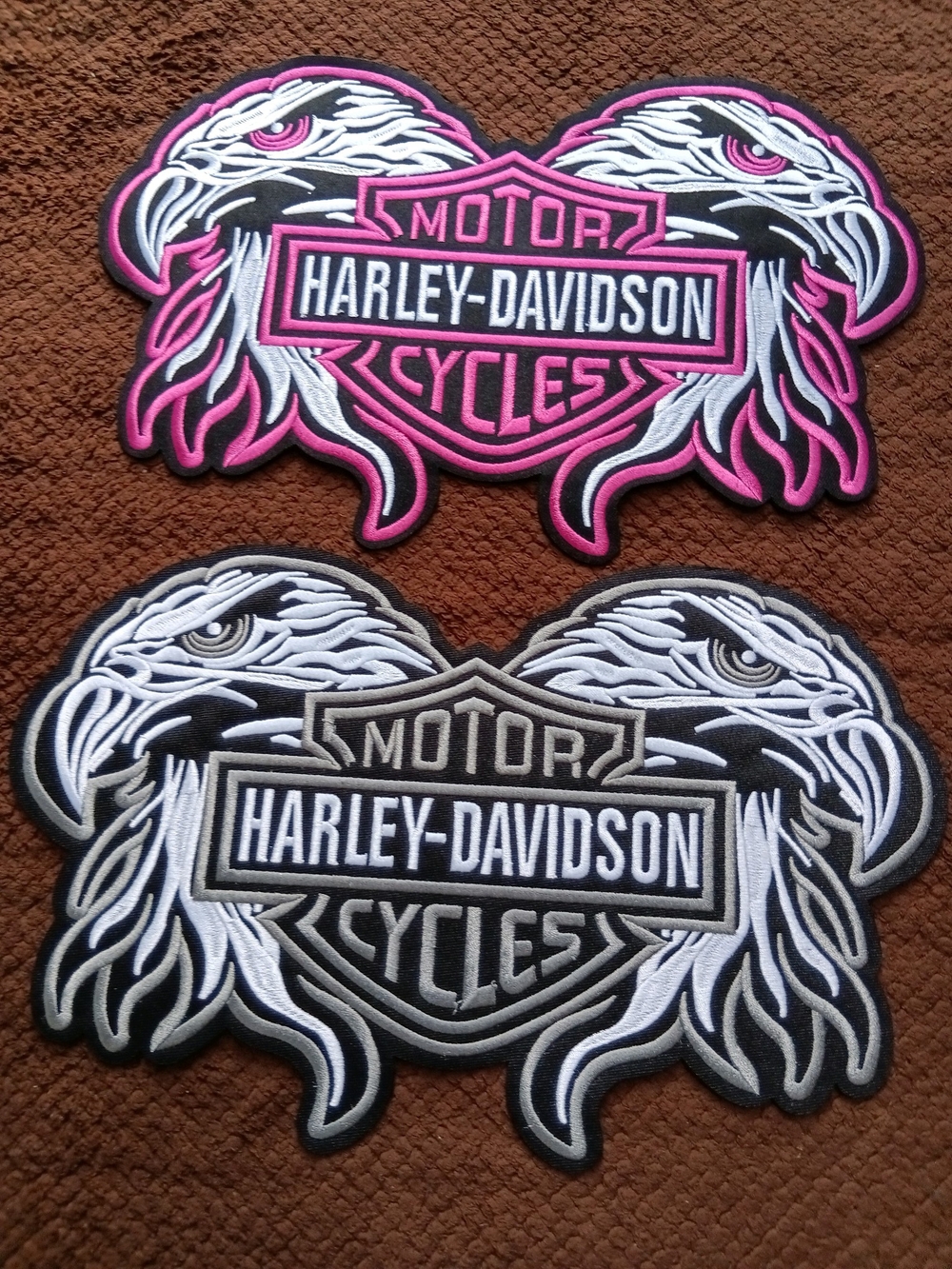 Harley Davidson Iron/Sew On Eagle Logo Center Patch Set Pink/Gray 7.5"T By 12"W